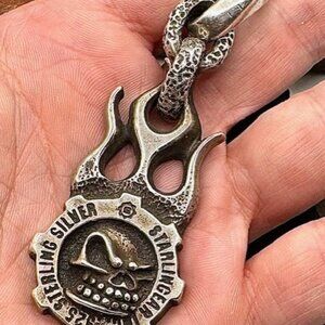 Starlingear Limited Edition Sterling Silver Flaming Skull PENDANT .925 57 GRAMS